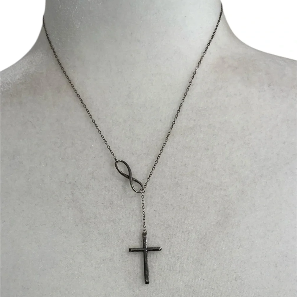 Antiqued Infinity Cross 925 Sterling Silver Lariat Y-Necklace Christian Faith